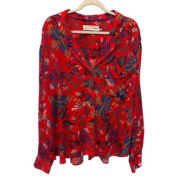 Anthropologie Super Nice Letters Elysa Bold Floral Bird Print Button Down Top XL - Picture 3 of 10